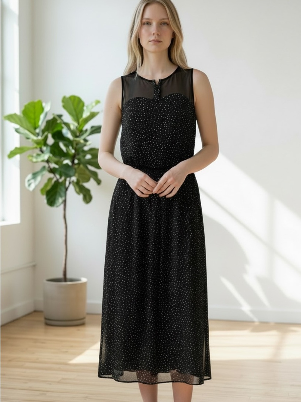Jacob (Xs) Sleeveless Black Polka Dot Midi Dress Mesh Flowy Lined Elastic Waist